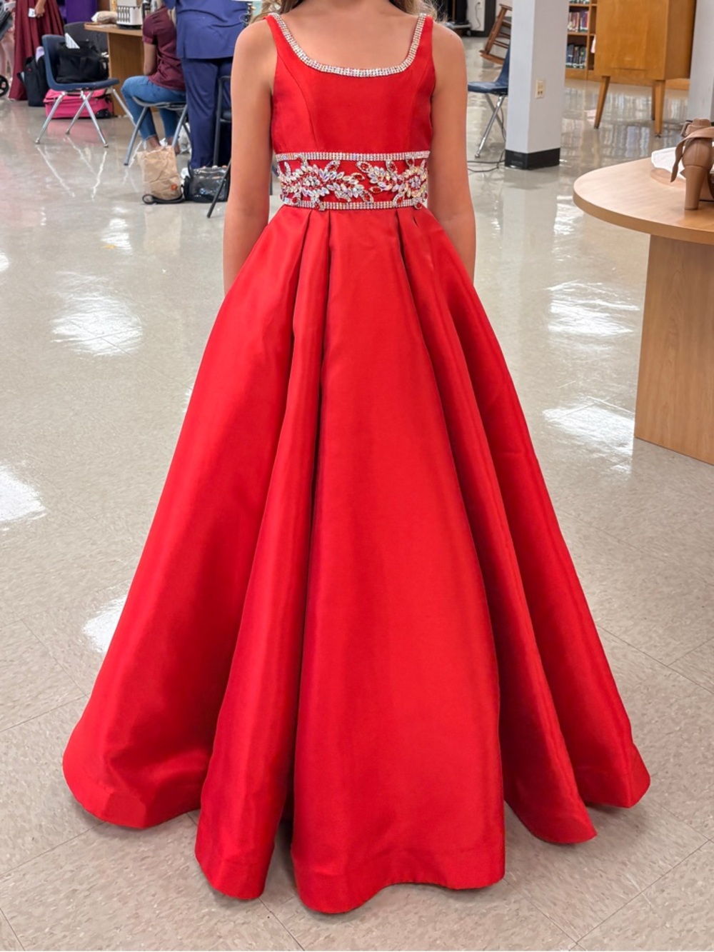 Sherri Hill Red Beaded Waist Satin Ball Gown for Girls - Picture 1 of 3
